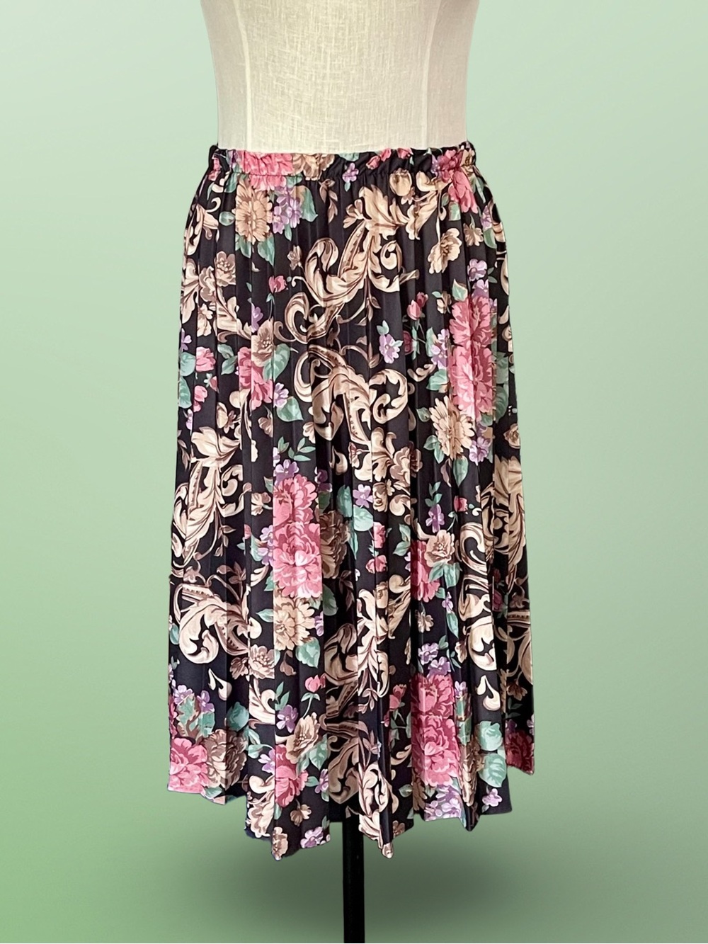 Vintage 80’s Blair Pleated Tapestry Midi Skirt Black Pink Floral SzS Made in USA